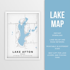 Mapa imprimible del lago Afton, Kansas, EE. UU. - Descarga instantánea \ Mapa del lago \ Cartel del mapa \ Decoración de la casa del lago \ LakeLife \ Pesca \ Paseos en bote
