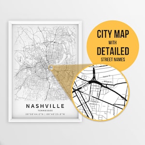 Afdrukbare kaart van Nashville, Tennessee, VS met straatnamen - Instant Download \ Stadsplattegrond \ Reiscadeau \ Stadsposter \ Routekaart afdrukken