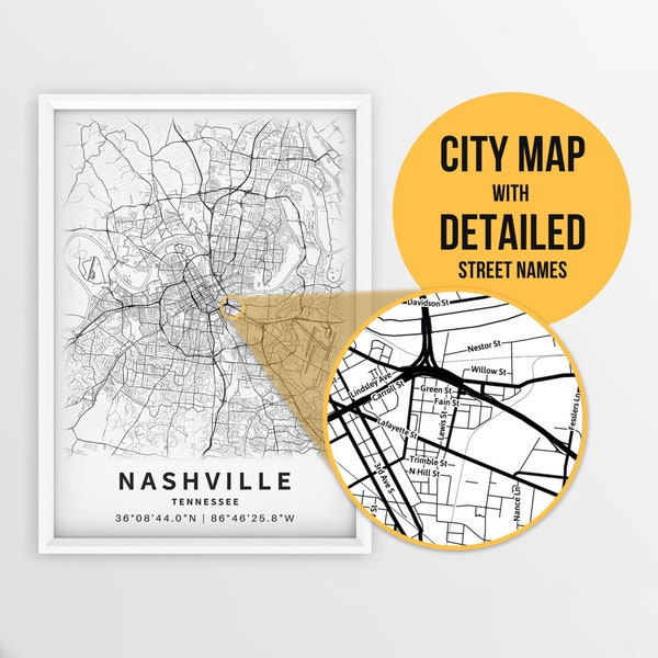 Printable Map of Nashville, Tennessee, USA with Street Names - Instant Download \ City Map \ Travel Gift \ City Poster \ Road Map Print