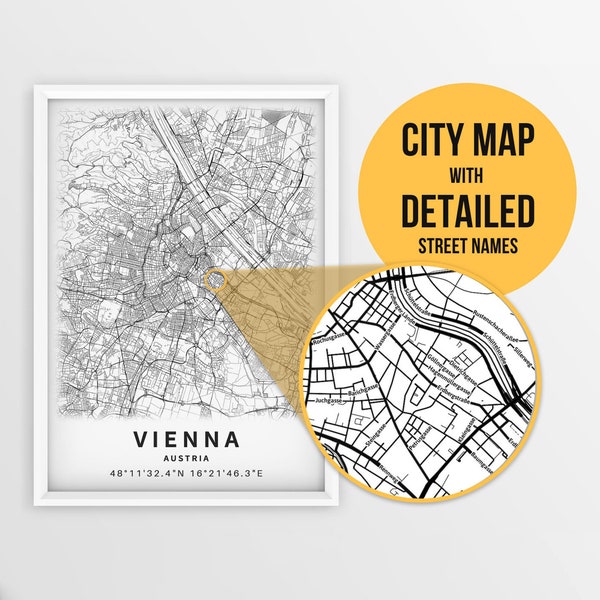 Printable Poster Map of Vienna, Austria with Street Names - Instant Download \ City Map \ Travel Gift \ City Poster \ Road Map Print