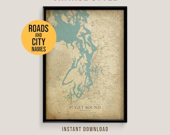 Mapa de estilo vintage de Puget Sound, póster imprimible del lago Washington (descarga instantánea)