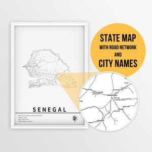 Senegal Landkarte mit Städtenamen und Straßen - sofortdownload Landkarte Landkartenkunst Atlas