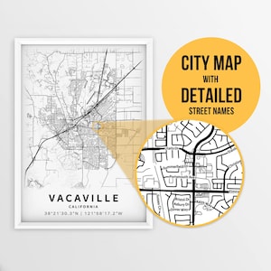 Druckbare Karte von Vacaville, Kalifornien, USA mit Straßennamen - sofortiger Download ~ Karte ~ ~ Stadt Karte ~ Strassen Karte Print