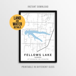 Mapa do Lago Fellows, Missouri - Pôster para Decoração de Casa de Lagoa (Download Instantâneo)