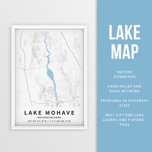 Carte imprimable du lac Mohave, Nevada et Arizona - Téléchargement instantané \ Carte du lac \ Affiche de carte \ Lakehouse Decor \ LakeLife \ Pêche \ Navigation de plaisance