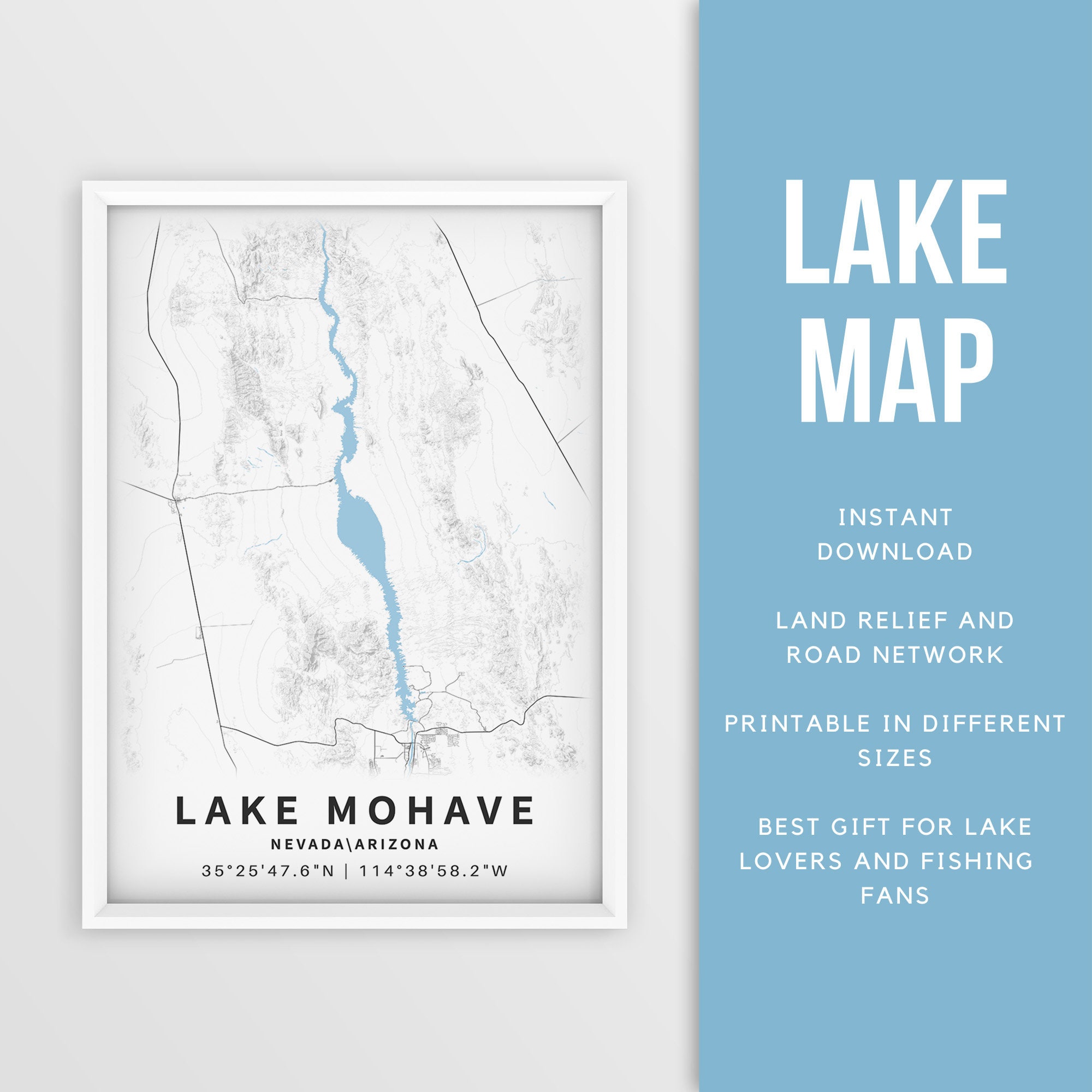 Mapa imprimible del lago Mohave, Nevada y Arizona - Descarga instantánea \\  Mapa del lago \\ Cartel del mapa \\ Decoración de la casa del lago \\ LakeLife  \\ Pesca \\ Paseos en bote - Etsy México, image size:2000x2000