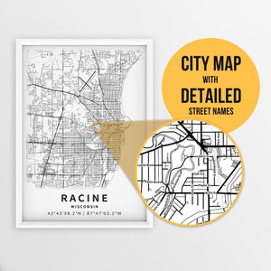 Afdrukbare kaart van Racine, Wisconsin, VS met straatnamen - Instant Download \ Stadsplattegrond \ Reiscadeau \ Stadsposter \ Routekaart afdrukken