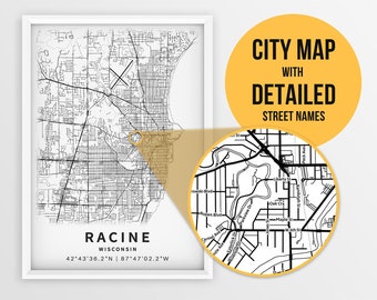 Printable Map of Racine, Wisconsin, USA with Street Names - Instant Download \ City Map \ Travel Gift \ City Poster \ Road Map Print