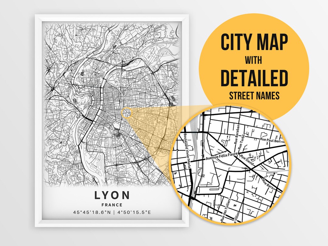 Printable Map of Lyon France With Street Names Lyon City Etsy