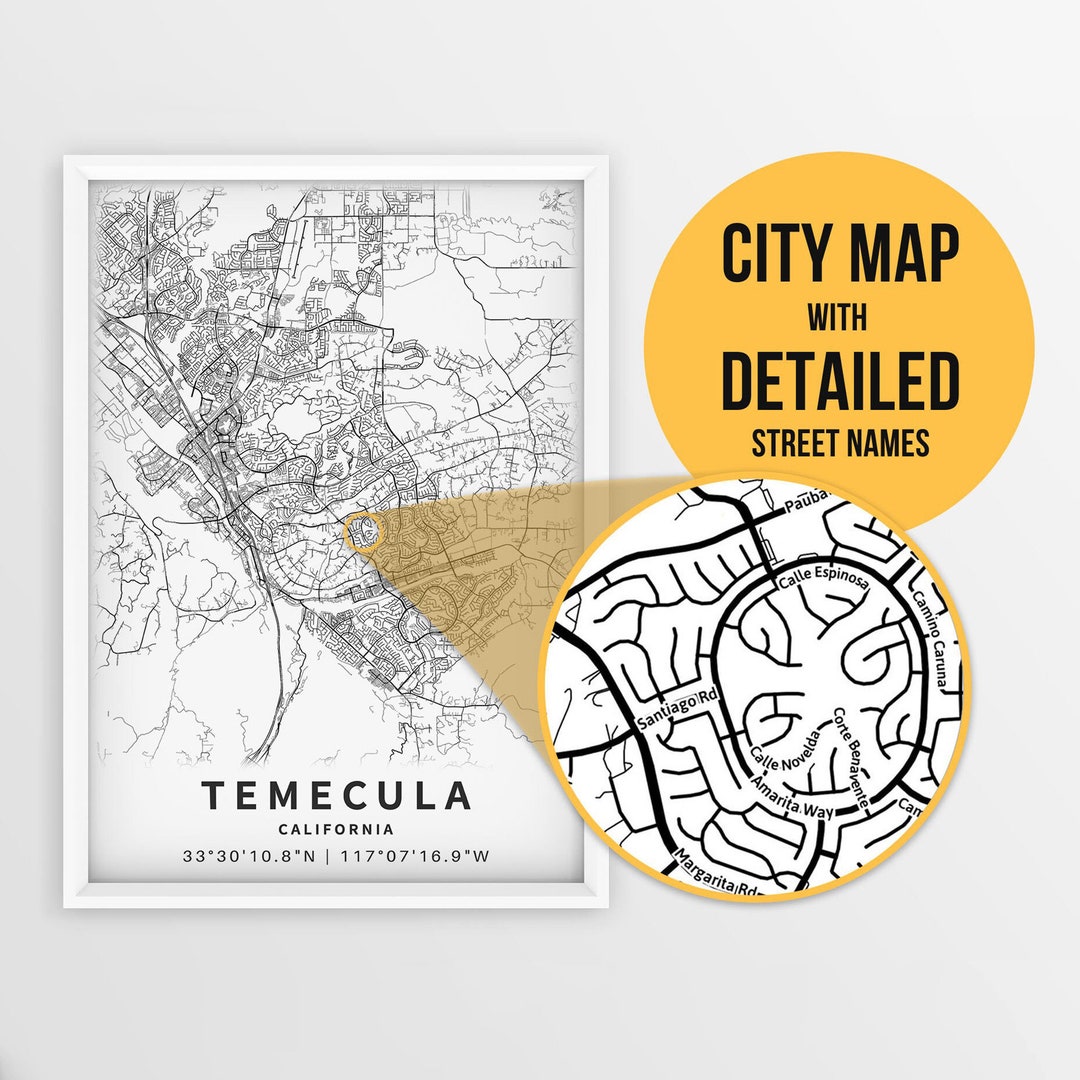 Printable Map of Temecula, California, USA With Street Names Instant Download City Map Travel