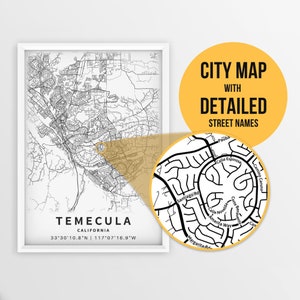 Druckbare Karte von Temecula, Kalifornien, USA mit Straßennamen - Sofort Download \ City Map \ Travel Gift \ City Poster \ Road Map Print