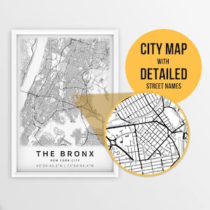 Mapa para impressão do Bronx, cidade de Nova York, EUA com nomes de ruas - download instantâneo \ Mapa da cidade \ Presente de viagem \ Cartaz da cidade \ Impressão de mapa de estradas