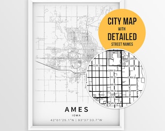 Ames Iowa Map with Street Names, Printable Ames City Poster (Instant Download)