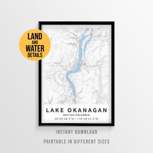Póster del mapa del lago Okanagan, arte imprimible de la casa del lago de Columbia Británica (descarga instantánea)