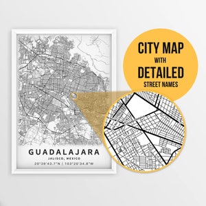 Druckbare Karte von Guadalajara, Jalisco, Mexiko mit Straßennamen - Sofort Download \ City Map \ Travel Gift \ City Poster \ Road Map Print