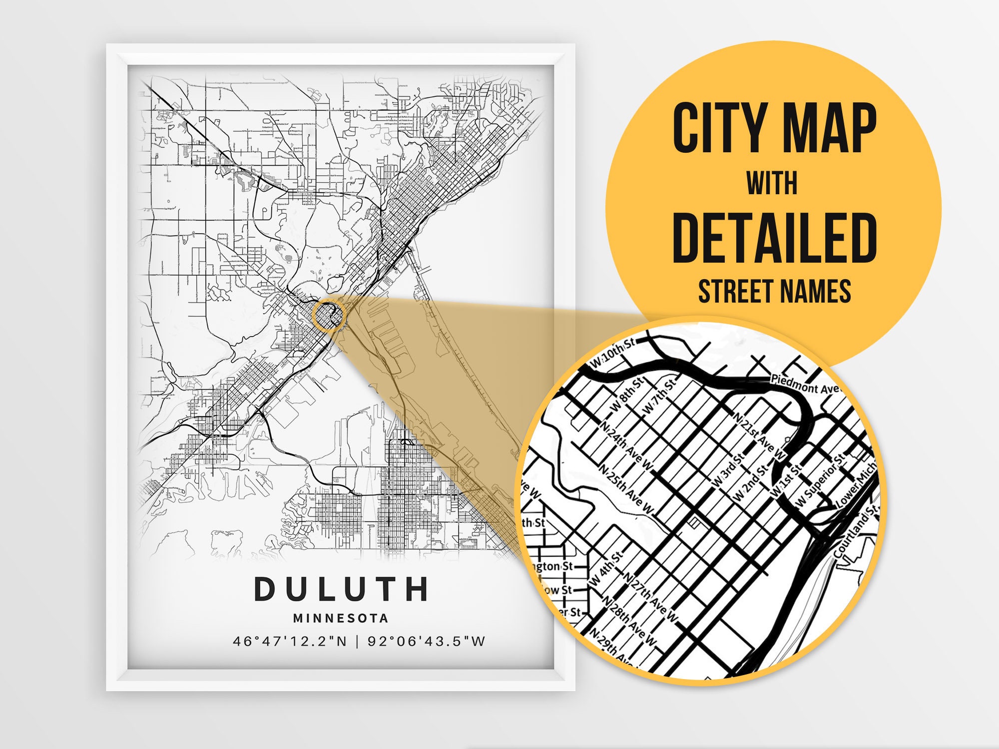 Duluth MN Map Print with Street Names Minnesota USA City Etsy