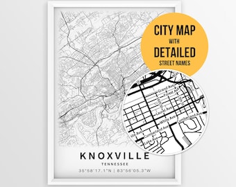 Mappa di Knoxville, Tennessee, con i nomi delle strade, poster stampabile della città di Knoxville (download immediato)