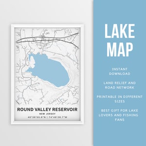 Afdrukbare kaart van Round Valley Reservoir, New Jersey, VS - Instant Download \ Lake Map \ Kaartposter \ Lake House Decor \ Vissen \ Varen