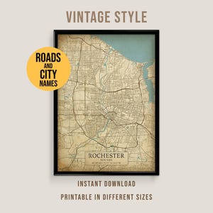Rochester, New York Vintage Style Map, Printable Lincoln City Poster (Instant Download)
