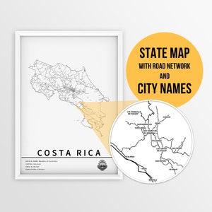 Carte imprimable du Costa Rica avec noms de villes et routes - Téléchargement instantané \ Carte du pays \ Planificateur de voyage \ Impression de carte \ Carte PushPin \ Art mural