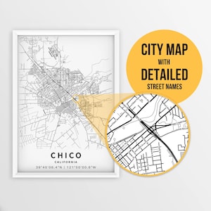 Druckbare Karte von Chico, Kalifornien, USA mit Straßennamen - Sofort Download \ City Map \ Travel Gift \ City Poster \ Road Map Print