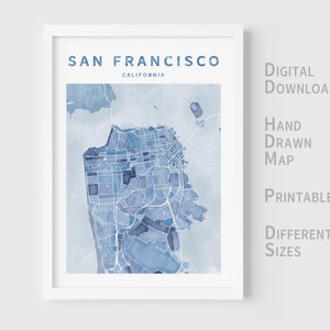 Druckbare Aquarell Karte von San Francisco, Kalifornien , USA - Sofort Download \ Stadt Karte \ Wandkunst \ Handgezeichnet