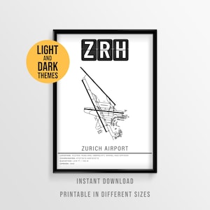 Póster del aeropuerto de Zúrich, diagrama de la pista ZRH, póster de viaje a Suiza (descarga instantánea)