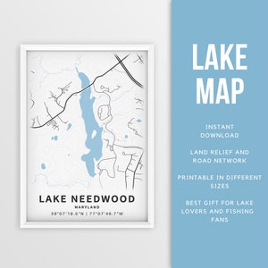Mapa imprimible del lago Needwood, Maryland, EE. UU. - Descarga instantánea \ Mapa del lago \ Cartel del mapa \ Decoración de la casa del lago \ LakeLife \ Pesca \ Paseos en bote