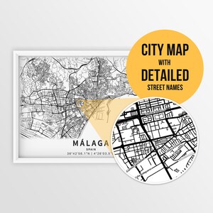 Malaga, Spanien Karte mit Strassennamen zum Ausdrucken - Sofort Download ~ Karte ~ ~ Strassen Karte ~ Poster ~ ~ Strassen Karte ~ ~ Deko