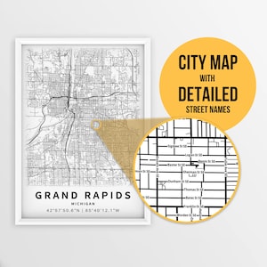 Mapa para impressão de Grand Rapids, Michigan, EUA com nomes de ruas - Download instantâneo \ Mapa da cidade \ Presente de viagem \ Cartaz da cidade \ Impressão de mapa de estradas