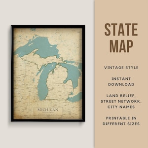 Michigan Map Printable Vintage Style poster - Instant Download, Road Map, Michigan Poster, Michigan Antique map, Detroit Michigan map