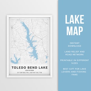 Mapa imprimible del embalse de Toledo Bend, Luisiana, EE. UU. - Descarga instantánea \ Mapa del lago \ Cartel del mapa \ Decoración de la casa del lago \ Pesca \ Paseos en bote
