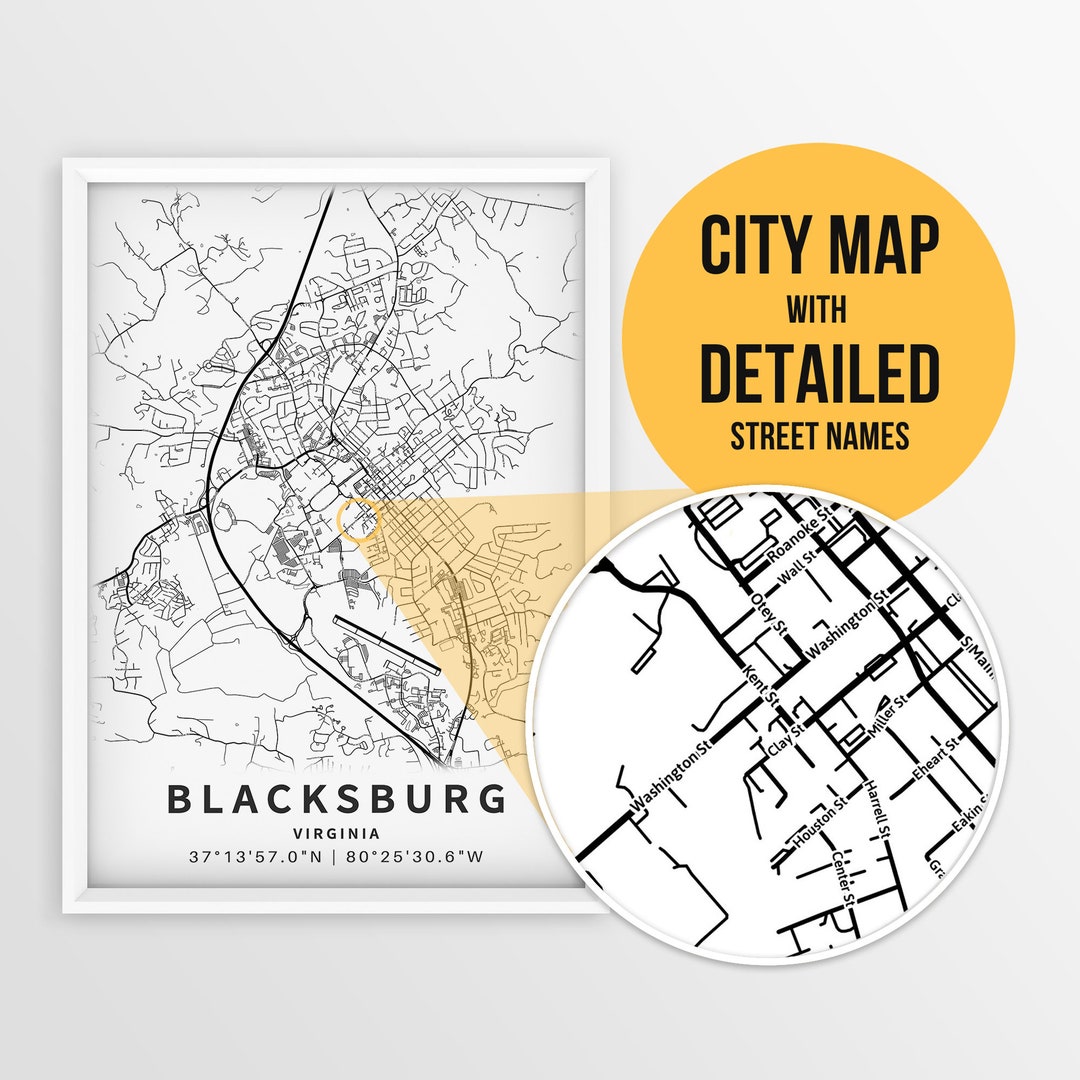 Printable Map of Blacksburg, Virginia, USA With Street Names Instant