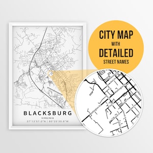 Mapa para impressão de Blacksburg, Virgínia, EUA com nomes de ruas - download instantâneo \ Mapa da cidade \ Presente de viagem \ Cartaz da cidade \ Mapa da universidade