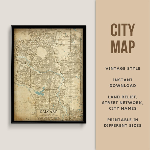 Printable Vintage Style Map of Calgary, Alberta, Canada - Instant Download \ Street Map \ Wall Art \ Map Poster \ Antique Style \ Map Print