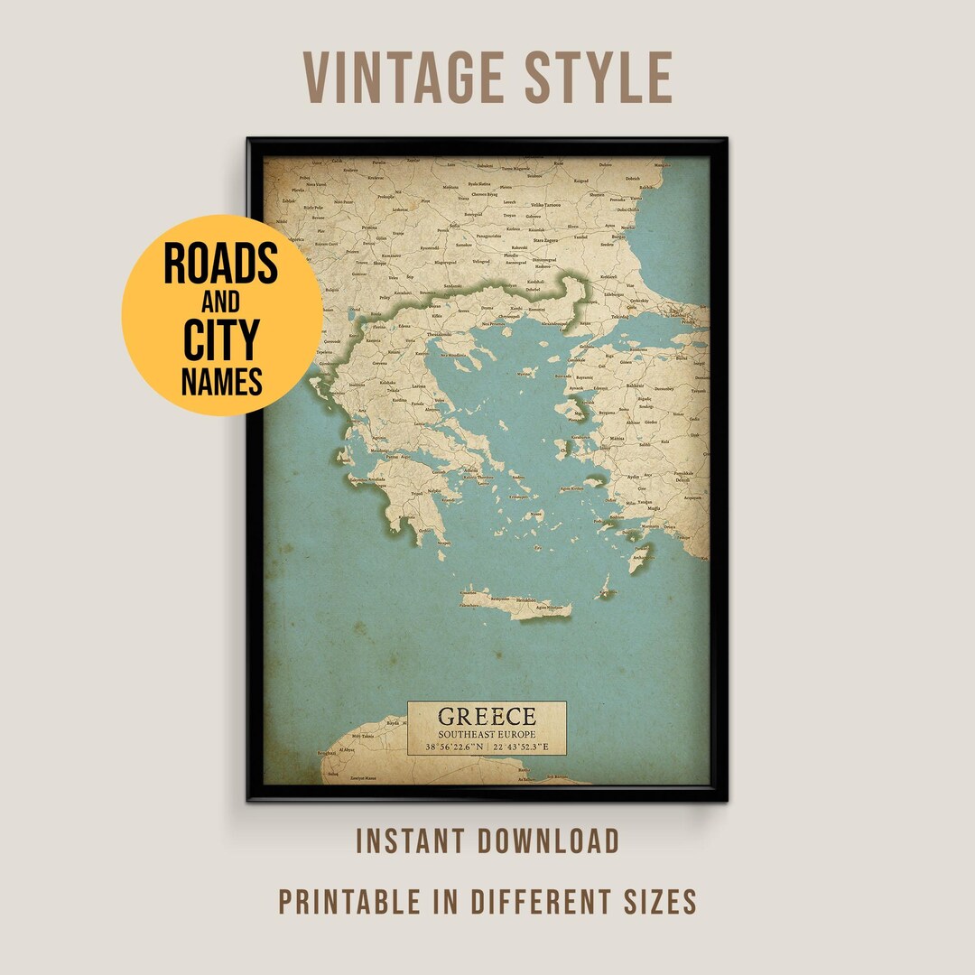 Greece Vintage Style Map With Roads and City Names, Printable Greece ...