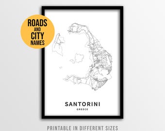 Santorini Greece Map Poster, Printable Greek Island Road Map with City Names (Instant Download)