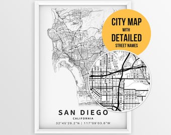 Mapa San Diego w Kalifornii z nazwami ulic, plakat z San Diego do druku (do pobrania na bieżąco)