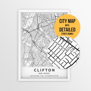 Puede incluir: Un mapa impreso en blanco y negro de Clifton, Nueva Jersey, enmarcado, con nombres de calles y coordenadas. Un recuadro circular muestra una vista ampliada de la cuadrícula de calles. El texto dice CITY MAP WITH DETAILED STREET NAMES, CLIFTON, NEW JERSEY.