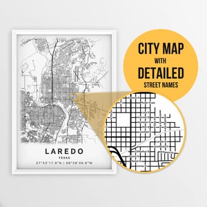 Druckbare Karte von Laredo, Texas, USA mit Strassennamen - Sofort Download \ Stadt Karte ~ Reise Geschenk ~ Poster ~ Strassen Karte Print ~ Wand Kunst