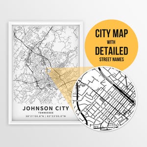 Mapa imprimível de Johnson City, Tennessee, EUA com nomes de ruas - Download instantâneo \ Mapa da cidade \ Presente de viagem \ Pôster da cidade \ Impressão de mapa rodoviário