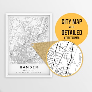 Mapa para impressão de Hamden, Connecticut, EUA com nomes de ruas - download instantâneo \ Mapa da cidade \ Presente de viagem \ Cartaz da cidade \ Impressão de mapa de estradas