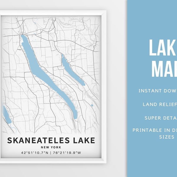 Printable Map of Skaneateles Lake, New York, United States - Instant Download \ Lake Map \ Wall Art \ Map Poster \ Lake House Art