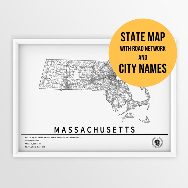Printable Map of Massachusetts United States with city and roads - Instant Download \ State Map \ Wall Art \ Push Pin Map \ Travel Map