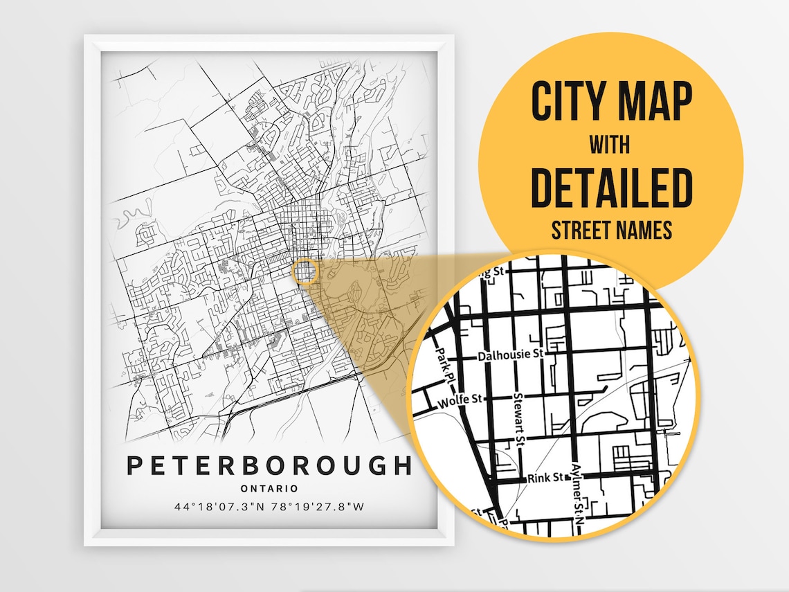 Printable Map of Peterborough Ontario Canada With Street Names Etsy