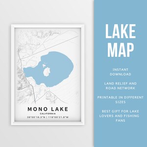 Mapa imprimible de Mono Lake, California, EE. UU. - Descarga instantánea \ Mapa del lago \ Cartel del mapa \ Decoración de la casa del lago \ LakeLife \ Pesca \ Paseos en bote
