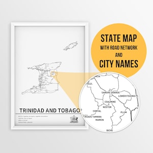 Afdrukbare kaart van Trinidad en Tobago met plaatsnamen en wegen - Instant Download \ Landenkaart \ Kaart afdrukken \ Punaisekaart \ Reisplanner