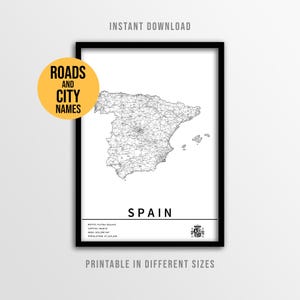 Poster con mappa della Spagna, mappa stradale della penisola iberica stampabile con nomi delle città (download immediato)