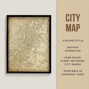 Mapa em estilo vintage de Austin, Texas, Estados Unidos - Download instantâneo \ Mapa da cidade \ Presente de viagem \ Cartaz da cidade \ Impressão de mapa \ Mapa rústico