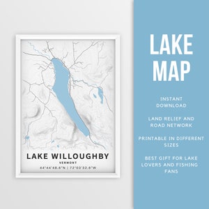 Mapa imprimible del lago Willoughby, Vermont, EE. UU. - Descarga instantánea \ Mapa del lago \ Cartel del mapa \ Decoración de la casa del lago \ LakeLife \ Pesca \ Paseos en bote